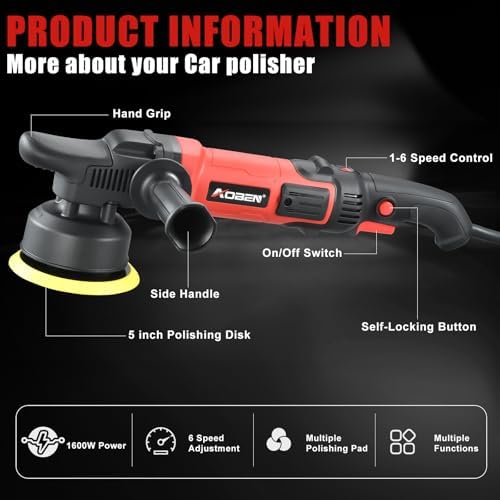 AOBEN Buffer Polisher,5 inch Dual Action Polisher,Long Orbit 16mm Random Buffer Polisher kit with 6 Variable Speed 1000-5500rpm,Detachable Handle,7 Buffing Pads for Car Detailing Polishing and Waxing