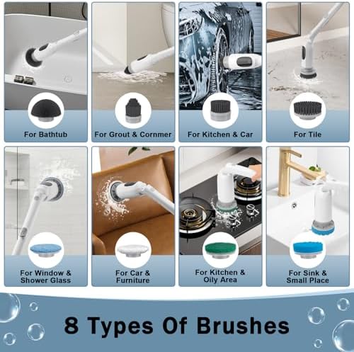 Electric Spin Scrubber, Cordless Power Scrubber with Adjustable Long Handle, 3 Speeds with IPX7 Shower Scrubber, 8 Brush Heads, Electric Cleaning Brush for Bathroom/Kitchen/Bathtub/Crack/Floor/Car
