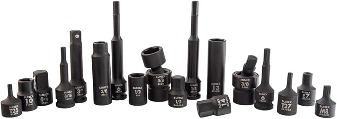 SUNEX 35145 3/8" Drive SAE & Metric 6 Point Standard & Deep with Universals, Star (E and Tamperproof), Triple Square, & Hex Bit, 145-Piece