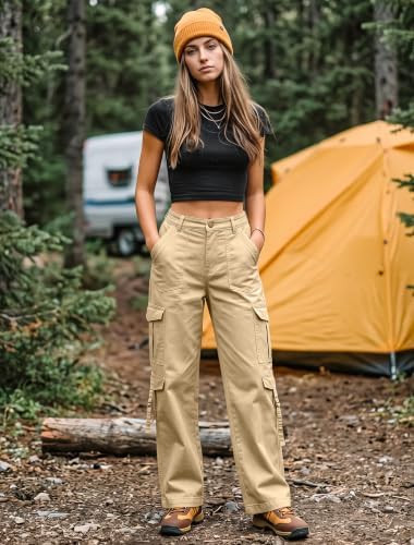 Eddoyee Cargo Pants for Women Elastic High Waisted Wide Leg Hiking Pants