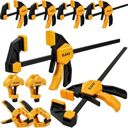 10-Piece Bar Clamps for Woodworking, 4PCS 6-inch & 2PCS 12-inch One-Handed F Clamp/Spreader with 132 LBS Load Limit, Spring Clamps, 90° Angle Clamp, Quick Release Grip