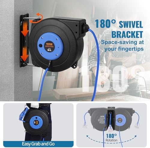 VEVOR Retractable Extension Cord Reel, 50 FT, Heavy Duty 14AWG/3C SJTOW Extension Power Cord with Lighted Triple Tap Outlet, 13A Circuit Breaker 180° Swivel Bracket for Ceiling or Wall Mount, Blue