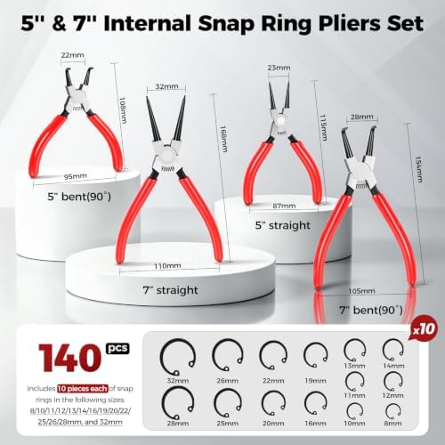 BILITOOLS 4PC Internal Snap Ring Pliers Set, 5" & 7" Circlip Kit