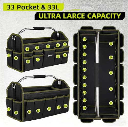 22in Tool Bags For Men Heavy Duty, 33 PCS Pockets Tool Bag Organizer Foldable Open Top Tool Bag With Handle, Wide Mouth Electrician Tool Tote, Green