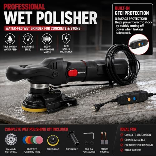 Professional Wet Concrete Polisher, High-Torque 1100W Variable Speed Water-Fed Wet Grinder with Diamond Cup Wheel & 7PCS Pads for Granite, Marble & Countertop Restoration