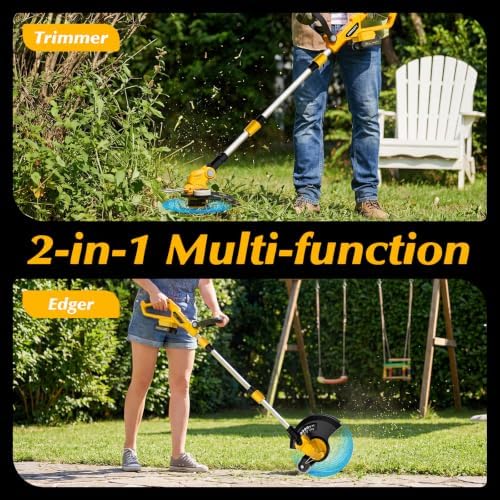 20V Electric Weed Wacker Cordless Edger Lawn Tool 2 X 2.0Ah Battery Powered Weed Eater and Charger, 12" Lightweight String Trimmer, Auto Line Feed Grass Cutter Lawn Mower for Small Yard Garden, Yellow