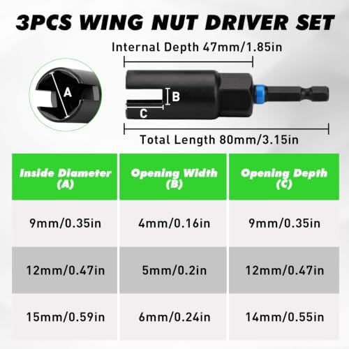 3-Piece Wing Nut Driver Set, 9mm, 12mm, 15mm, 1/4 Inch Hex Shank Power Nuts Driver Bit, Wing Nut Socket for Eye Bolt, Hook Bolt Installation, Wire Twisting