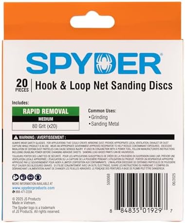 Spyder 20-Pack 80 Grit Sanding Discs, Ceramic Net, 5-Inch Hook and Loop, for Random Orbital Sander (500068)