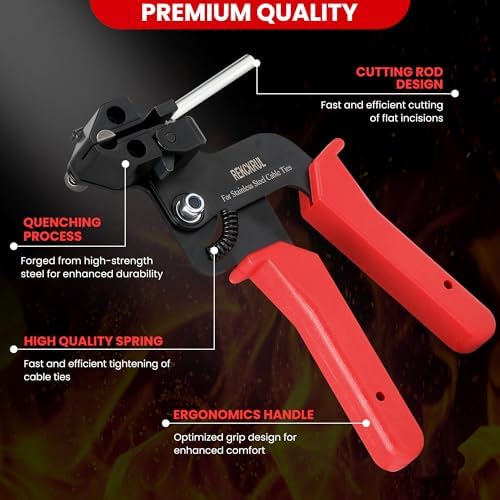 Stainless Steel Cable Tie Gun Set Metal Zip Tie Tool Kit (Red)