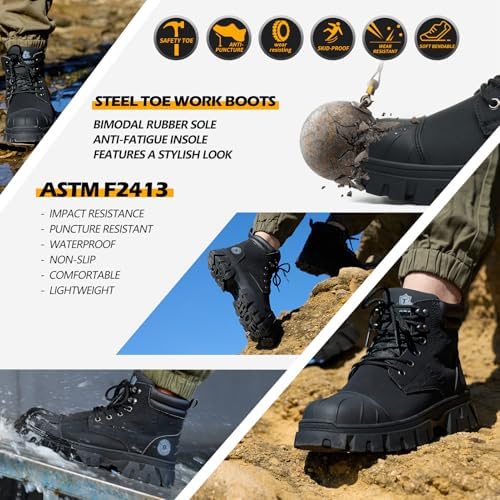 KELODON Waterproof Steel Toe Boots For Men 6 Inch Leather Steel Toe Shoes Non Slip Resistant Safety Work Boots Indestructible Lightweight Construction Boot
