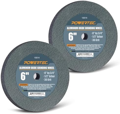 POWERTEC Bench Grinder Wheel 6 Inch 36 Grit, Aluminum Oxide Grinding Wheel for Bench Pedestal Grinder, 3/4" Thick 1/2" Arbor, Sharpening & Shaping Drill Bits, Blade, and Chisel 2PK (15514-P2)
