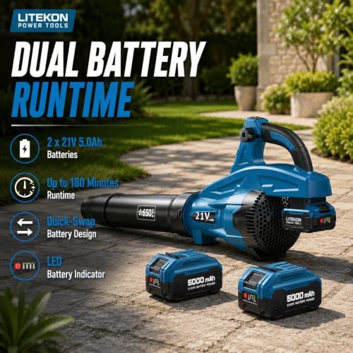 LITEKON Leaf Blower Cordless, 650CFM & 13 Speed Modes, Brushless Electric Cordless Leaf Blowers with 2 x 5.0Ah Batteries and Charger, 21V Powerful Blowers for Lawn Care, Blowing Leaves, Dust, Blue