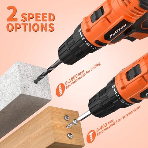 PULITUO 20V Cordless Drill Set, 2 Batteries Electric Screwdriver, 30Nm Power Drill Driver, 21+1 Torque, 2 Speed, 3/8"Keyless Chuck, power Drill with LED Light, Drill Driver Kit for Home (Orange)