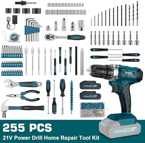 Sundpey 255-PC Portable Home and Auto Tool Kit Set with 21V Cordless Drill