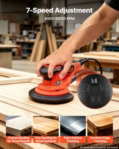 VEVOR 6-Inch Random Orbital Sander 400W Brushless Orbital Sander, 4000-10000RPM 7 Speeds Electric Palm Sanders with 10PCS Sandpapers, Dust Bag & Vacuum Hose for Woodworking Detailing Sanding