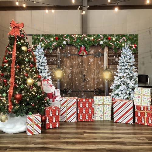 Christmas Backdrop 8x6ft Wooden Barn Door Rustic Christmas Background for Photography Xmas New Year Eve Party Decorations Banner Studio Photoshoot Props