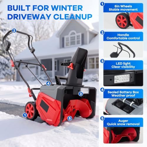 Garvee 40V 20" Cordless Snow Blower, Electric Snow Thrower Machine,Red