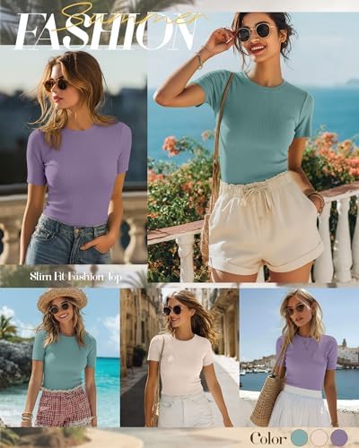 Ficerd 3 Pack Women's Ribbed Short Sleeve T-Shirts