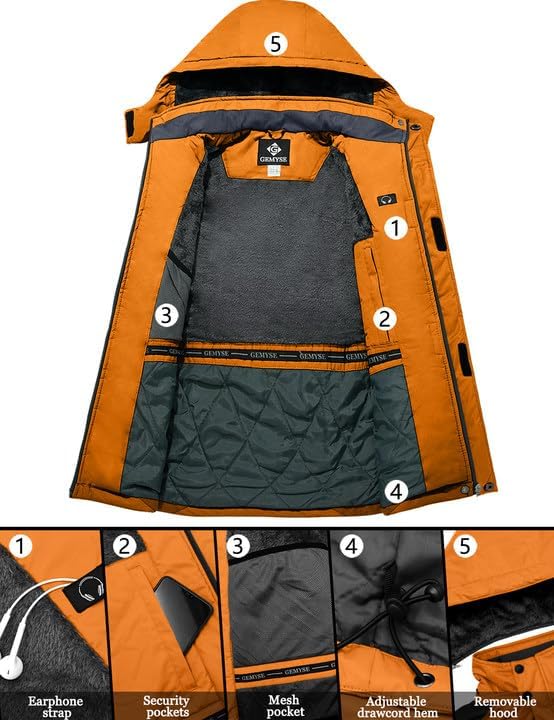 GEMYSE Men's Winter Ski Jacket Waterproof Snow Coat with Detachable Hood