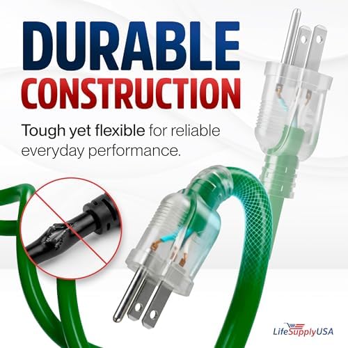 50ft Outdoor/Indoor Extension Cord 10/3 Gauge Ultra Heavy Duty 3 Prong SJTW, Waterproof, Flexible Cold-Resistant Long Power Cord,15A 125V 1875W, Green by LifeSupplyUSA
