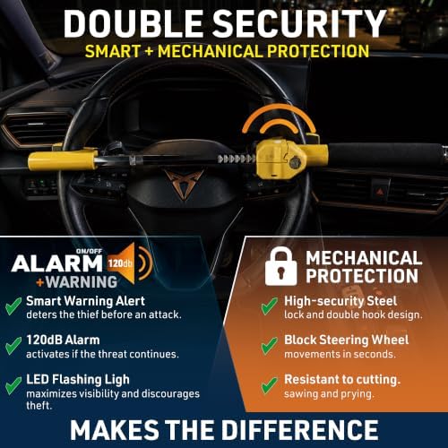 URBAN UR978Y Double Security Steering Wheel Lock with Hi-Tech Alarm, 120dB+LED, Smart Warning, A+ Sensitivity | Proven Theft Attempt Deterrence | Patented Anti-Theft Car Device Universal SUV Van Truck