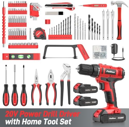 PULITUO Power Drill Tool Kit with 20V Cordless Drill/Driver, Electric Screwdriver, 2 Batteries & Charger, LED Light, 199-Piece Pink Home DIY Tool Set with Toolbox, Drill Set for Women & Men (Red)
