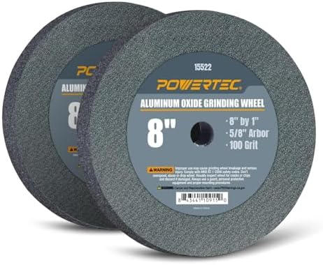 POWERTEC Bench Grinder Wheel 2PK, 8 Inch Grinding Wheel 100 Grit, Aluminum Oxide, 8 Bench Grinder Wheels for Pedestal & Benches, 1" Thick 5/8" Arbor, Sharpening Shaping Drill Bits, Knife -15522-P2