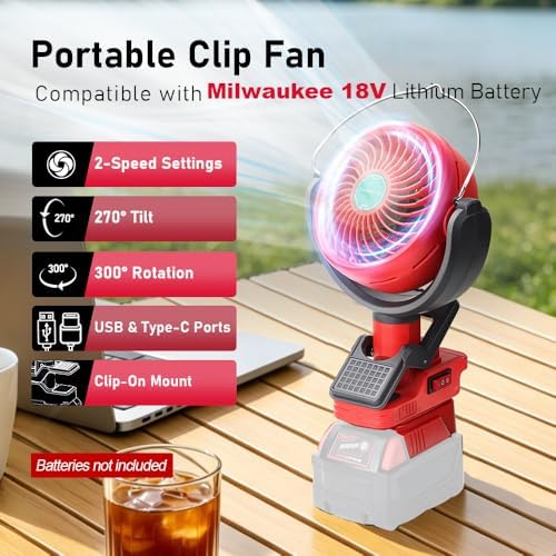 Portable Clip Fan Compatible with Milwaukee 18V Battery, Battery Powered Fan with Dual USB Charging, Cordless Fan with Adjustable Head, for Car, Home, Outdoor,Camping, Picnic and Job Site(Tool Only)
