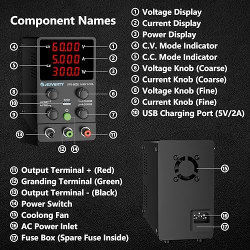 DC Power Supply Variable, 0-60V 0-5A Adjustable Switching DC Regulated Bench Power Supply with High Precision 4-Digit LED Display, 5V/2A USB Port, Coarse and Fine Adjustment SPS-6005