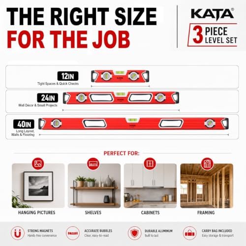 KATA 3-Piece Magnetic Level Set, 12/24/40 Inch Aluminum Spirit Leveler Tool