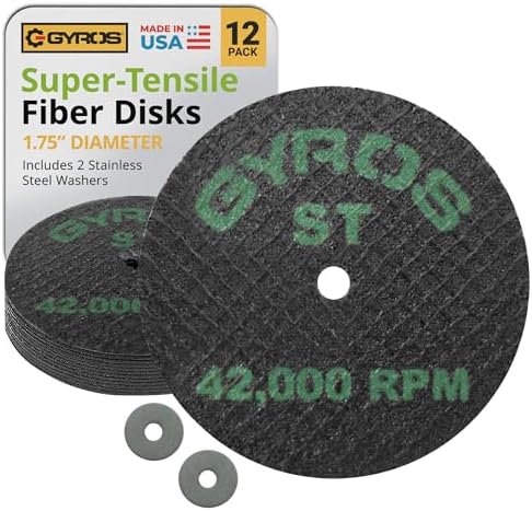 GYROS 1.75” Mini Resin Cut-Off Wheels for Rotary Tools, 12 Double Fiberglass Reinforced Cutting Discs, ST Materials Like Titanium, Carbon; Dremel Cutting Tool Accessory. Made in USA 11-41702/12