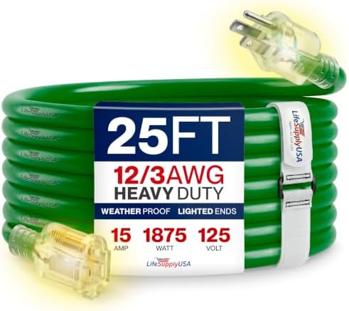 25ft Outdoor/Indoor Extension Cord 12/3 Gauge Extra Heavy Duty 3 Prong SJTW, Waterproof, Flexible Cold-Resistant Long Power Cord,15A 125V 1875W, Green by LifeSupplyUSA