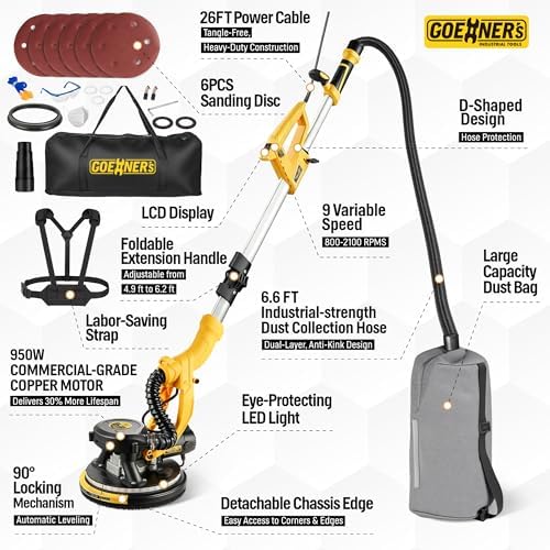 Drywall Sander, 950W 8.5A Electric Drywall Sander with Vacuum Dust Collector, 9 Variable Speed 800-2100RPM, 26FT Power Cord, Wall Sander for Popcorn Ceiling, Pole Sander for Drywall