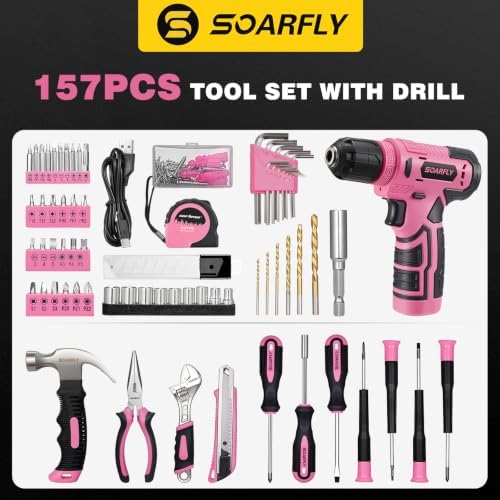 157-Piece Pink Tool Set, 8V Cordless Drill Set, Tool Kit for Women & Women