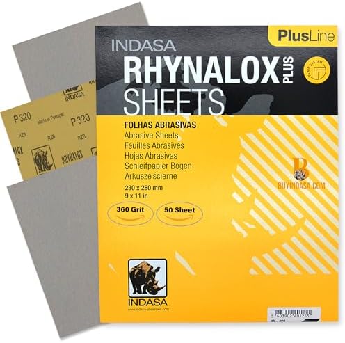 Indasa 50 PCS 9x11 Sandpaper Rhynalox Plusline - 360 Grit Dry Sanding Sheets, Professional-Grade Abrasive for Wood, Metal, Automotive, and Paint Finishing - Durable, Clog-Resistant Sand Paper