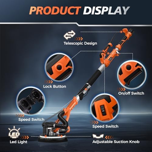 1050W Drywall Sander, 5-Speed 1000-2100RPM, Foldable & Extendable Handle