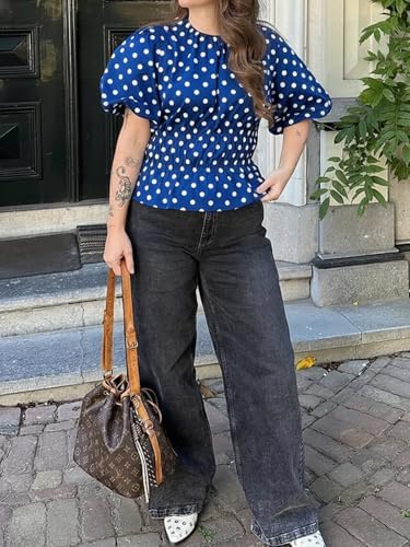 Cicy Bell Women Polka Dot Peplum Blouse Round Neck Puff Sleeve Summer Top