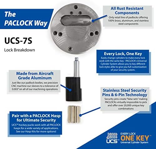 PACLOCK's UCS-7S/779 Hasp and Puck Combo Kit, Stainless Steel Body, Grey Hasp, High Performance 6-Pin Cylinder, One Lock Keyed to a Number U-Pick! w/ 2 Keys, No Backplates