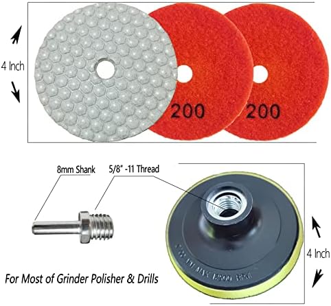 16 Packs Dry Diamond Polishing Pads Grit 200, 4 Inch Dry/Wet Tile Sanding Pad for Bufffing Granite Marble Quartz Concrete Stones Used for Grinder Polisher Drill