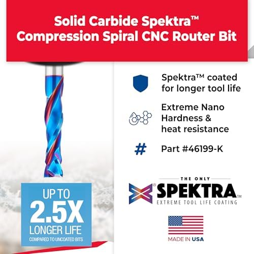 Amana Tool Spektra Extreme Tool Life Coated Solid Carbide CNC Compression Spiral Router Bit, 46199-K, 1/2 D x 2 CH x 1/2 Shank x 4 Inch Long