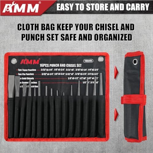 AMM 16PC Heavy Duty Punch Chisel Set, Cr-V for Metal Wood Automotive