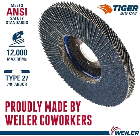 Weiler 50805 Big Cat High Density Abrasive Flap Disc, Type 27, Round Hole, Phenolic Backing, Zirconia Alumina, 4-1/2" Dia., 80 Grit (Pack of 10)
