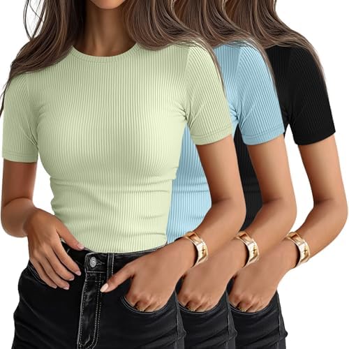 Ficerd 3 Pack Women's Ribbed Short Sleeve T-Shirts
