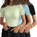 Ficerd 3 Pack Women's Ribbed Short Sleeve T-Shirts