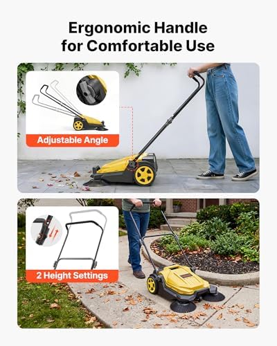 VEVOR Walk-Behind Hand Push Floor Sweeper, Manual Floor Sweeper Non-Electric with 25.6" Sweeping Width, 5 Gallons Waste Container & Adjustable Folding Handle for Yards Walkways Patios Garages - Yellow