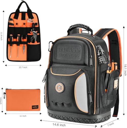 Tool Bag Backpack with 2 Canvas Tool Pouch Tool Kit, 75 Pockets & Loops Heavy Duty Tools Organizer/HVAC Tool Carrier for Eelectrician/Construction Work with Molded Base and Combination Lock, Black