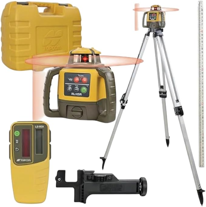 Topcon RL-H5A Laser Transit Leveler Kit - LS-80X Rotary Laser Receiver with Rod Bracket - 36-60in Precision Level 360 Laser Tripod - 13ft Fiber Rod Level Tool with Tenth Increments for Construction