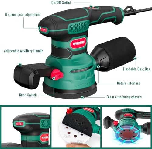 HYCHIKA Random Orbital Sander, 6 Variable Speed 3.8Amp 450W 5-Inch Electric Wood Sander with Double Handle, High Efficiency Dust Collector & 20Pcs Sandpapers for Heavy Duty Woodworking