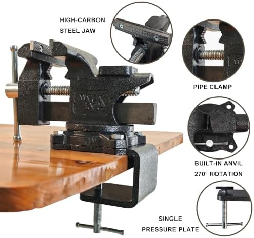 4.5 Inch Bench Vise, Heavy Duty Cast Steel Table Vice for Workbench, 270° Swivel Base Utility Vise with Anvil, Clamp on Vise for Woodworking, Metalworking, DIY