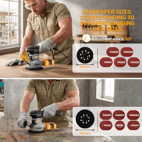Random Orbital Sander: DEKOPRO 4.5A Corded Electric Sander Palm Sanders, 6 Various Speeds Hand Sander with Replaceable Sander Pad, Dust Box, 31Pcs Sandpapers for Woodworking & Sanding